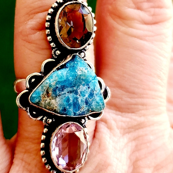 New Natural Blue Kyanite, Smoky Topaz, Pink Topaz 925 Silver Ring. - Picture 2 of 8